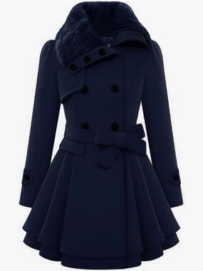 zeagoo Navy Coat with Faux Fur Trim